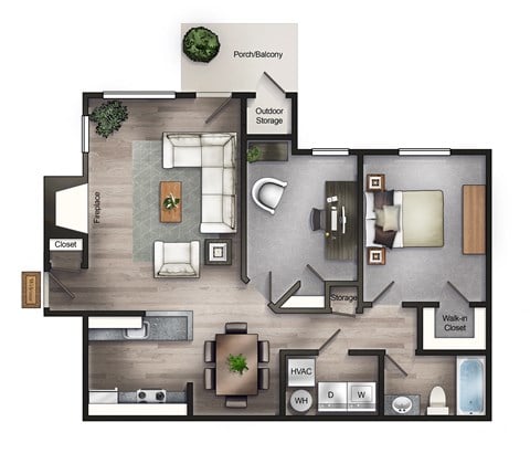 Floor plan for 2 beds, 1 bath, 960 sqft